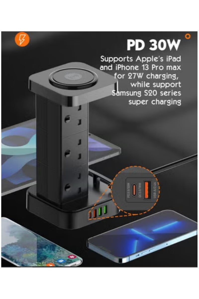 ريبنيو مقبس طاقة تمديد برجي 6 تيار متردد مع شاحن لاسلكي وصندوق إدارة الكابلات مع قفل 4 منافذ USB 1 PD 30 واط 1 QC3.0 18 واط 2 USB-A 6 منافذ طاقة 2500 واط (أسود) - Image 2