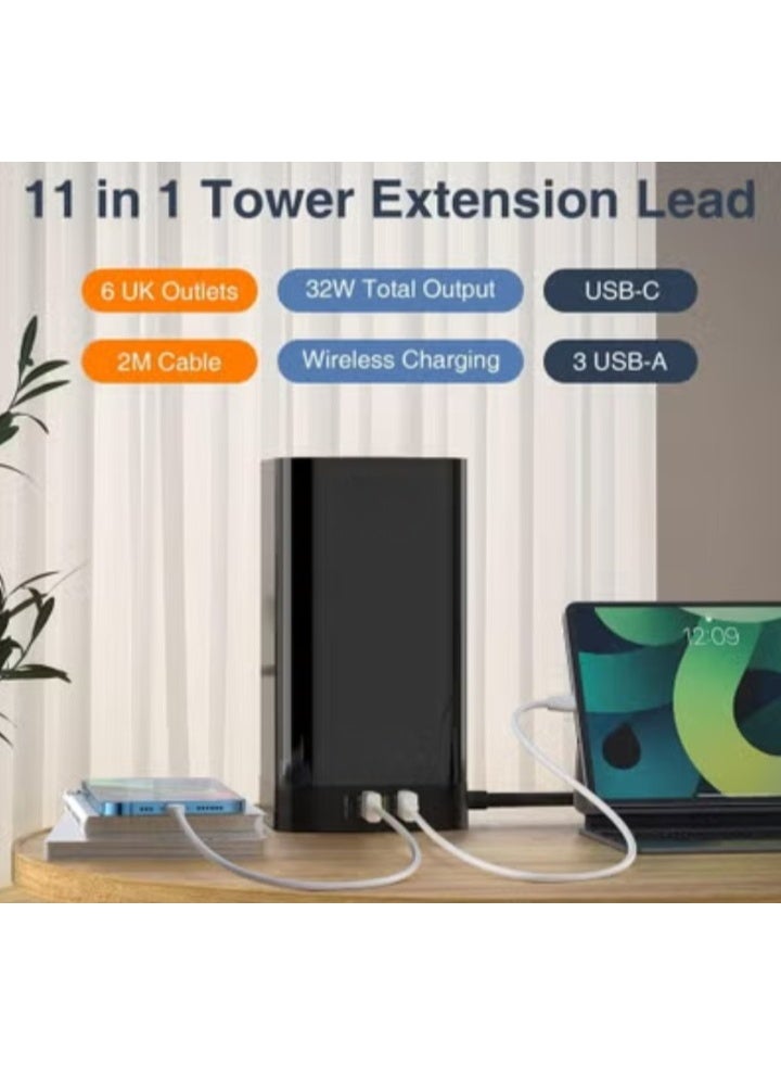 ريبنيو مقبس طاقة تمديد برجي 6 تيار متردد مع شاحن لاسلكي وصندوق إدارة الكابلات مع قفل 4 منافذ USB 1 PD 30 واط 1 QC3.0 18 واط 2 USB-A 6 منافذ طاقة 2500 واط (أسود) - Image 3