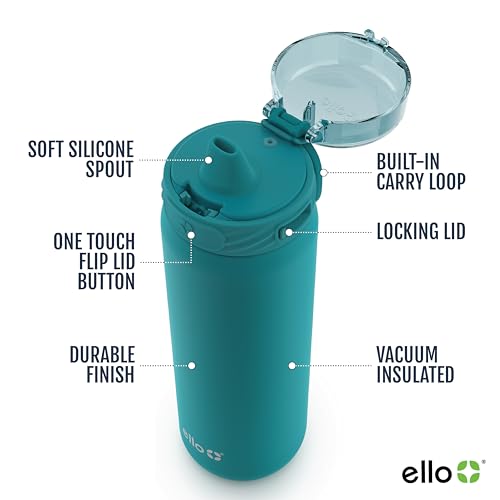 Ello Cooper 32oz Stainless Steel Water Bottle with Straw and Carry Handle, Double Walled and Vacuum Insulated Metal, Leak Proof Locking Lid with Soft Silicone Spout, Reusable, BPA Free, Antigua - Image 3