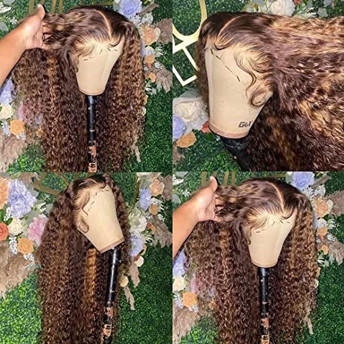 Daules Highlight Lace Front Wigs Human Hair P427 Highlight Ombre 13x4 Deep Wave Frontal Wig for Women 180 Density 100 Human Hair Honey Blonde Curly Frontal Wig Glueless Realistic Looking 28inch - Image 5