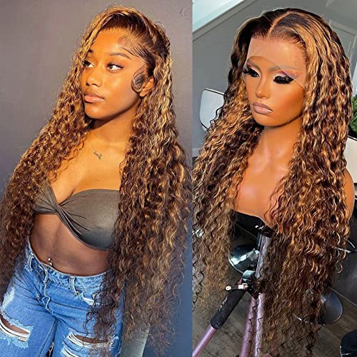 Daules Highlight Lace Front Wigs Human Hair P427 Highlight Ombre 13x4 Deep Wave Frontal Wig for Women 180 Density 100 Human Hair Honey Blonde Curly Frontal Wig Glueless Realistic Looking 28inch - Image 2
