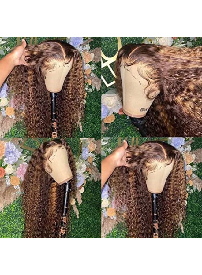 Daules Highlight Lace Front Wigs Human Hair P427 Highlight Ombre 13x4 Deep Wave Frontal Wig for Women 180 Density 100 Human Hair Honey Blonde Curly Frontal Wig Glueless Realistic Looking 28inch - Image 4