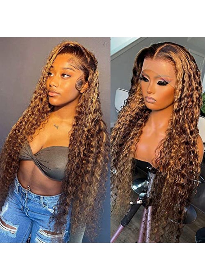 Daules Highlight Lace Front Wigs Human Hair P427 Highlight Ombre 13x4 Deep Wave Frontal Wig for Women 180 Density 100 Human Hair Honey Blonde Curly Frontal Wig Glueless Realistic Looking 28inch - Image 1