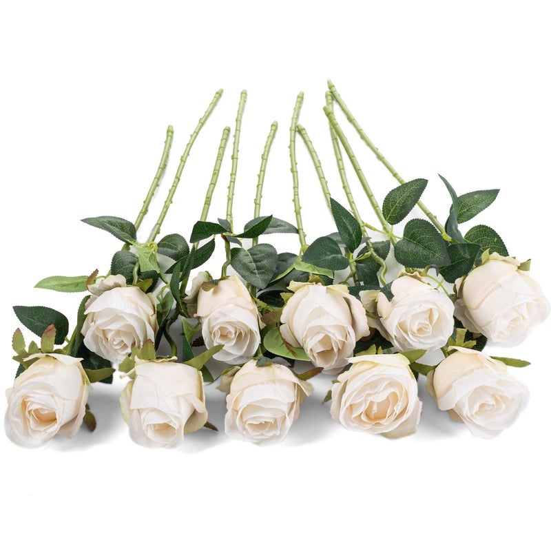 Flojery 10pcs Artificial Rose Flowers Long Stem Fake Silk Roses for DIY Wedding Bouquet Table Centerpiece Home Decor (White) - Image 2