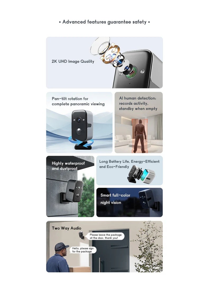 كروني كاميرا Crony F7w منخفضة الطاقة مزودة بخاصية واي فاي وكاميرا أمان بدقة 2K مع بطارية 5200 مللي أمبير في الساعة، رؤية بانورامية بزاوية 180 درجة، رؤية ليلية ملونة، كشف الإنسان، داخلي وخارجي - Image 5