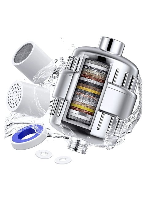 فلتر دش AREXA، فلتر دش من 20 مرحلة للمياه العسرة، مع خرطوشتين قابلتين للاستبدال لإزالة الكلور والفلورايد، كروم مصقول