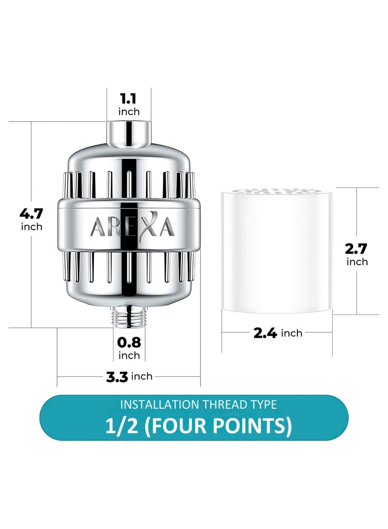 فلتر دش AREXA، فلتر دش من 20 مرحلة للمياه العسرة، مع خرطوشتين قابلتين للاستبدال لإزالة الكلور والفلورايد، كروم مصقول