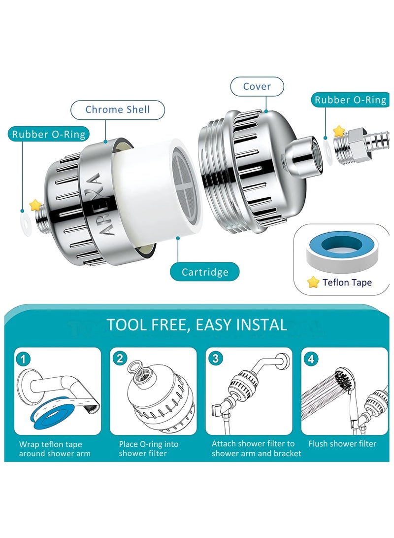 فلتر دش AREXA، فلتر دش من 20 مرحلة للمياه العسرة، مع خرطوشتين قابلتين للاستبدال لإزالة الكلور والفلورايد، كروم مصقول