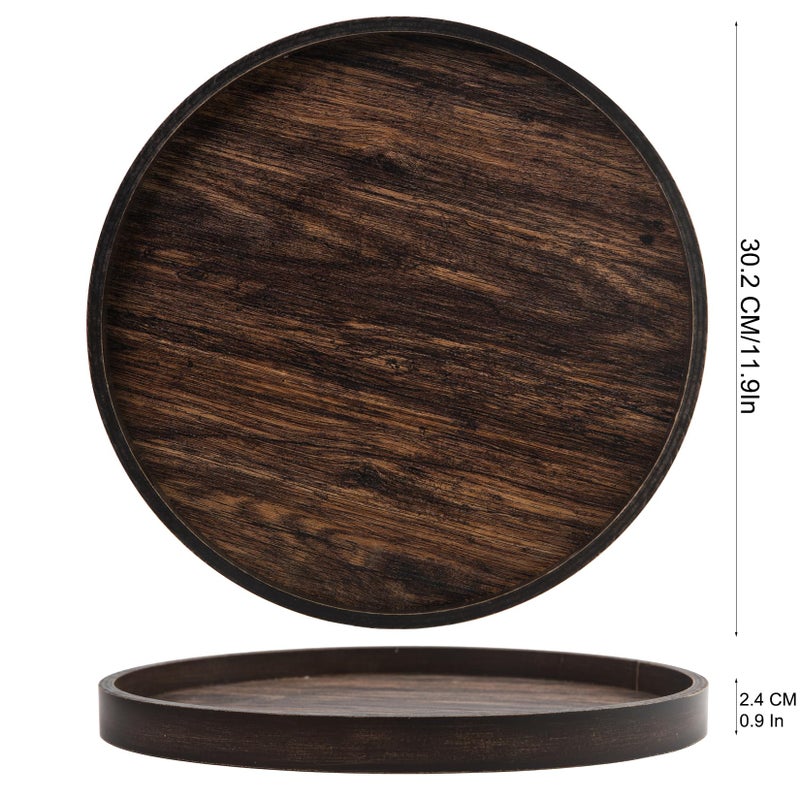 VERGOODR Rustic Round Wood Decorative Coffee Table Tray Farmhouse Decor with Wood Texture Boho Ottoman Serving Tray for Kitchen Counter Home (Dark Brown) - Image 3