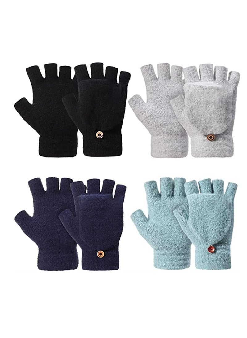 Warm Women Winter Gloves 2 Pairs Convertible Fingerless Mittens Gift Set Green Blue  - Image 1