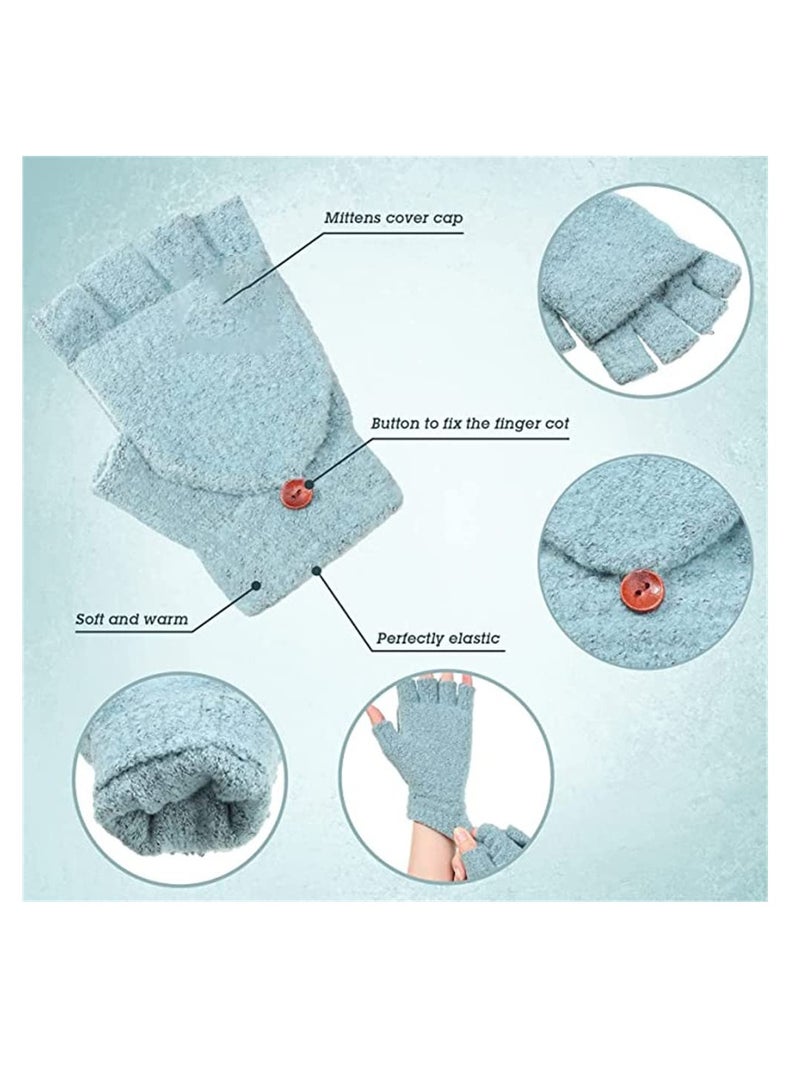 Warm Women Winter Gloves 2 Pairs Convertible Fingerless Mittens Gift Set Green Blue  - Image 2