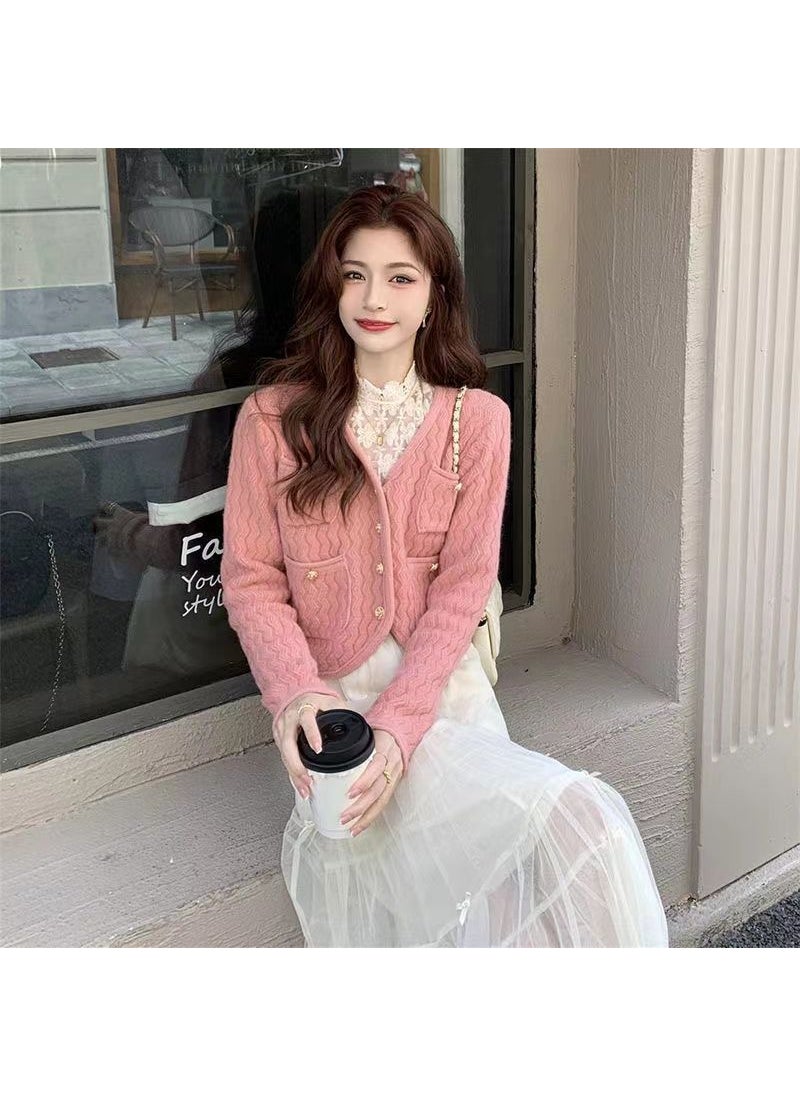 Generic - Autumn Women Small Fragrance Style Knitted Open Shirt V-neck Wave Pattern Loose Thick Wool Coat Urban Style Long Sleeve Floral brown - Image 1