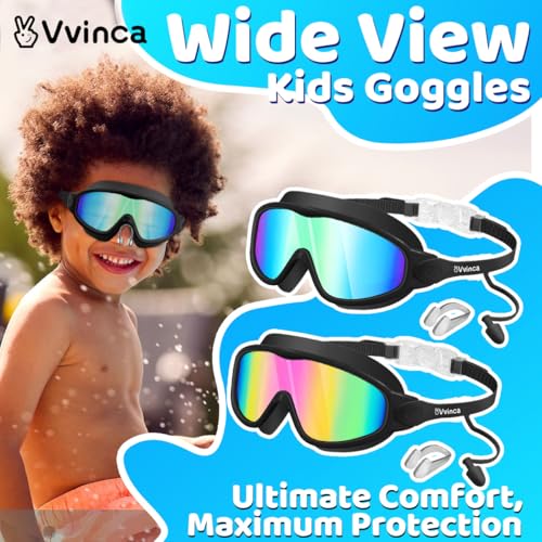 Vvinca Swim Goggles Kids Goggles with Earplugs Nose Clip Wide View AntiFogUV Swimming Goggles for Age 315 Boys Girls - Image 3
