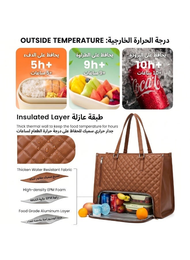Flossie Lunch Tote Bag for Women, 15.6 Inch Leather Laptop Bag with Insulated Lunch Compartment and Cup Holder, Quilted Large Capacity Computer Handbag Work Tote with Purse for Business, Work, Nurse, Office, Collage, Casual, brown - Image 4
