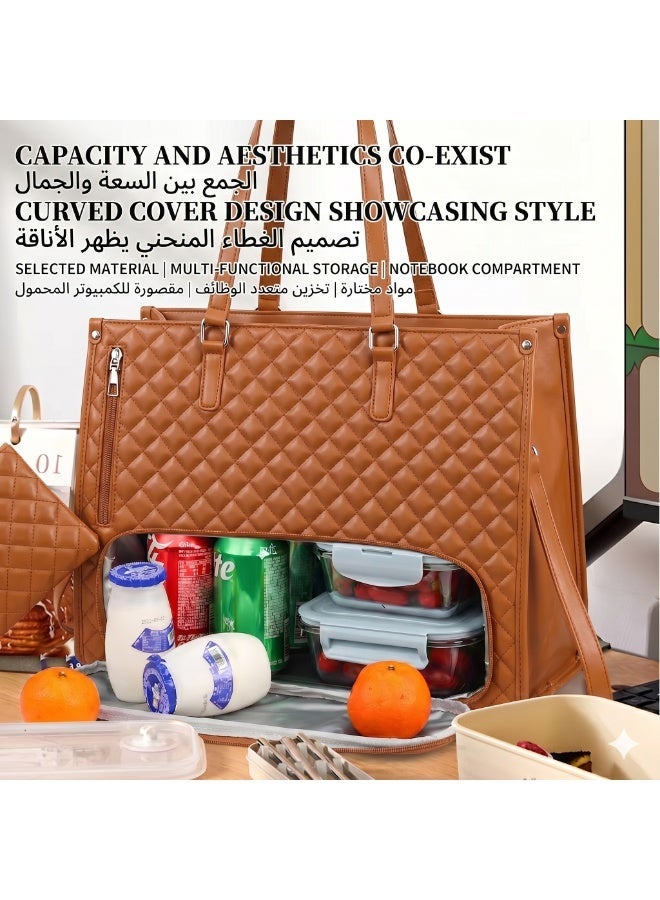 Flossie Lunch Tote Bag for Women, 15.6 Inch Leather Laptop Bag with Insulated Lunch Compartment and Cup Holder, Quilted Large Capacity Computer Handbag Work Tote with Purse for Business, Work, Nurse, Office, Collage, Casual, brown - Image 3