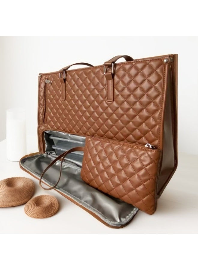 Flossie Lunch Tote Bag for Women, 15.6 Inch Leather Laptop Bag with Insulated Lunch Compartment and Cup Holder, Quilted Large Capacity Computer Handbag Work Tote with Purse for Business, Work, Nurse, Office, Collage, Casual, brown - Image 1