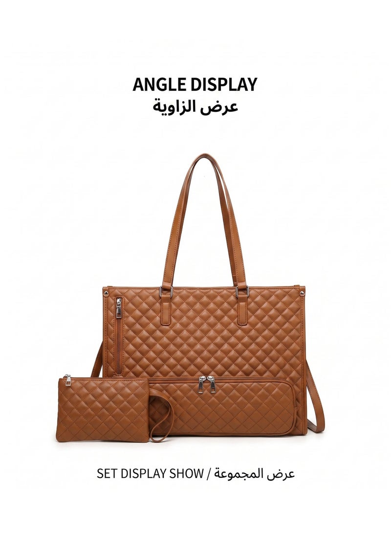 Flossie Lunch Tote Bag for Women, 15.6 Inch Leather Laptop Bag with Insulated Lunch Compartment and Cup Holder, Quilted Large Capacity Computer Handbag Work Tote with Purse for Business, Work, Nurse, Office, Collage, Casual, brown - Image 2