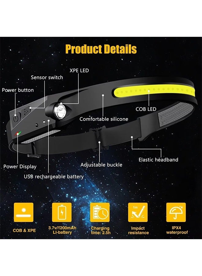 Hihonor LED Headlamp Rechargeable 2 Pack, 230° Wide Beam Light Headlight with Motion Sensor, 5 Mode Head Lights Forehead for Work, Hiking, Running, Camping Essentials Gear - Image 5