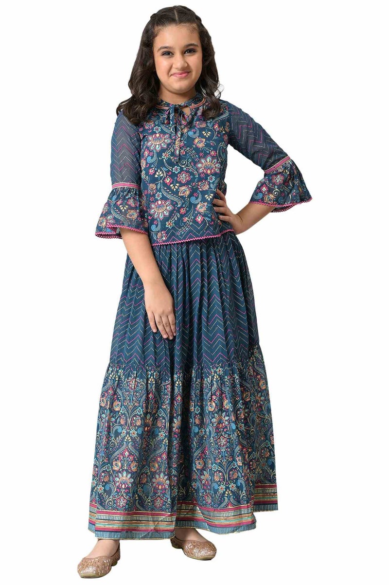 Aurelia Girls Indigo Blue Printed Top With Tiered Skirt - Image 2