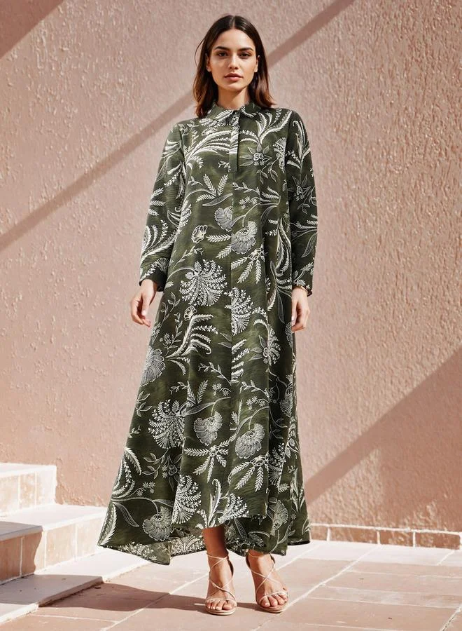 Iconic Iconic Printed Trapeze Maxi Dress with Collar