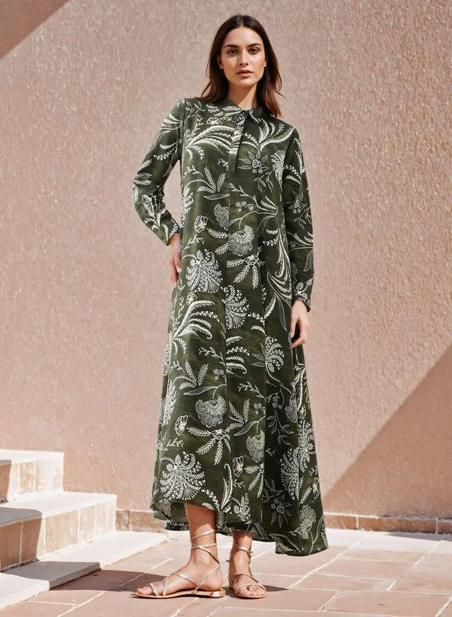 Iconic Iconic Printed Trapeze Maxi Dress with Collar