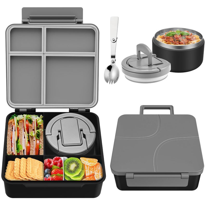 Howeemo Bento Lunch Box for Kids with 8oz Soup Thermo,Kids Leakproof Lunch Food Containers with 4 Compartment,Kids Insulated Thermo Hot Food Jar for School, Trvael-Black - Image 1