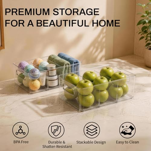 Mpotmiy 4 Pack Clear Pantry Organizers and Storage Bins with Divider Transparent Plastic Basket Refrigerator and Fridge Bins - Image 3