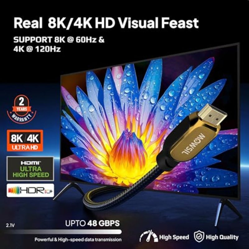 كابل 8K HDMI 2.1 بطول 2 متر، سلك معتمد عالي السرعة 48 جيجابت في الثانية، يدعم 8K@60 هرتز و4K@120 هرتز/144 هرتز، eARC، Dolby Vision، HDR10+، HDCP 2.2/2.3، متوافق مع PS5، Xbox Series X، التلفزيون، الكمبيوتر الشخصي، الشاشة - Image 2