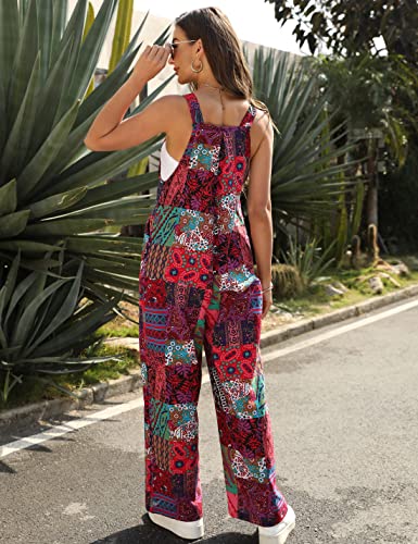 Himosyber Women's Patchwork Dual Pocket Jumpsuit Loose Floral Print Bohemian Wide Leg Bib Overall (#1Red, M) - Image 5