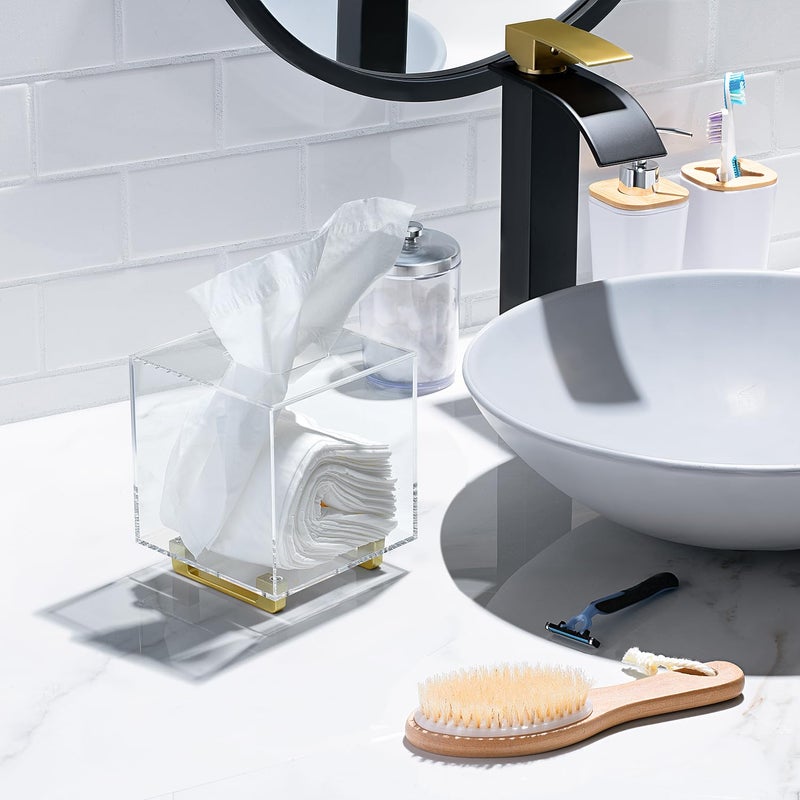 YoBa Thick Clear Acrylic Square Tissue Box Holder with Gold Plated Aluminum Legs for Bathroom, Kitchen, Bedroom, Office, Hotels and Restaurant - Image 4