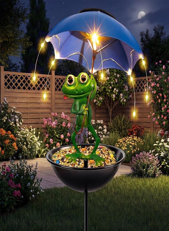 Vbioa Multi-Functional Yard Bird Feeder with Solar Lights Outdoor Garden, Funny Frog Handheld Umbrella Metal Decorative Garden Stakez for Best Garden Gifts for Family and Friends - Image 1