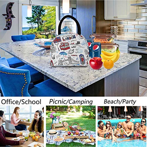 ZzWwR England London Landmark Symbols Lettering Pattern Reusable Lunch Tote Bag with Front Pocket Zipper Closure Insulated Thermal Cooler Container Bag for Work Picnic Travel Beach Fishing - Image 5