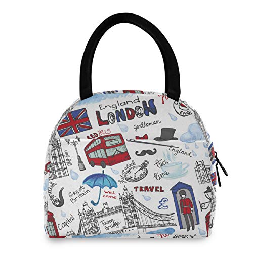 ZzWwR England London Landmark Symbols Lettering Pattern Reusable Lunch Tote Bag with Front Pocket Zipper Closure Insulated Thermal Cooler Container Bag for Work Picnic Travel Beach Fishing - Image 4