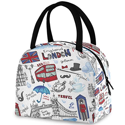 ZzWwR England London Landmark Symbols Lettering Pattern Reusable Lunch Tote Bag with Front Pocket Zipper Closure Insulated Thermal Cooler Container Bag for Work Picnic Travel Beach Fishing - Image 2