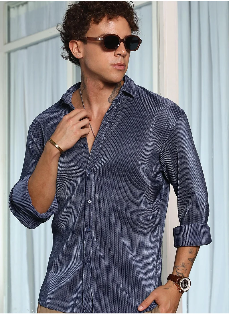 Campus Sutra Textured-Pleat Shirt