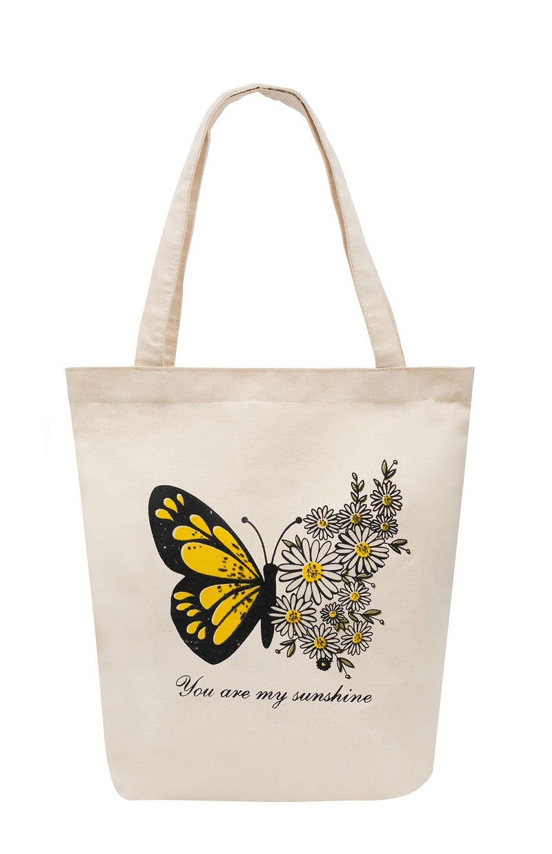 JUTEKA Canvas Tote Bag for Women with Zip, College Hand Bag for Girls, Reusable Shopping Bag (100% Organic Cotton) Tote Bag for Shopping, Travel & Beach (Butterfly) - Image 1