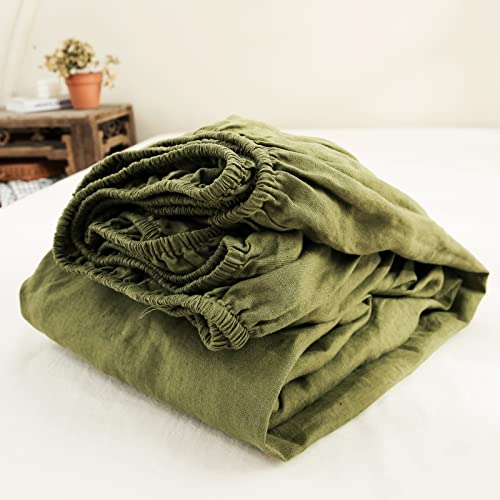 King Linens 100% Linen Fitted Sheet Stone Washed Solid Color - (1 Piece) 14 inch Deep Pocket Mattress Cover Soft Natural Breathable Farmhouse - Olive, Full Size - Image 1