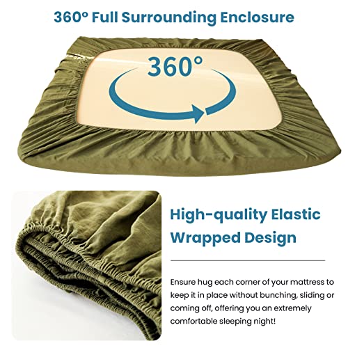 King Linens 100% Linen Fitted Sheet Stone Washed Solid Color - (1 Piece) 14 inch Deep Pocket Mattress Cover Soft Natural Breathable Farmhouse - Olive, Full Size - Image 3