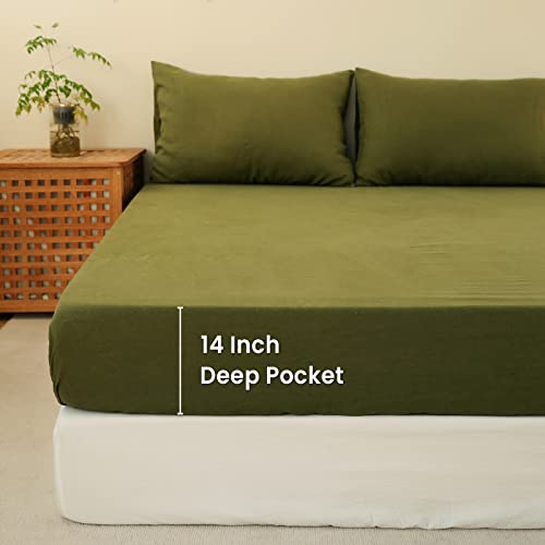 King Linens 100% Linen Fitted Sheet Stone Washed Solid Color - (1 Piece) 14 inch Deep Pocket Mattress Cover Soft Natural Breathable Farmhouse - Olive, Full Size - Image 4