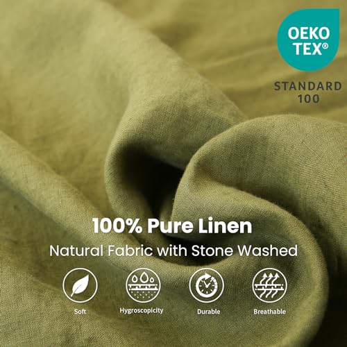 King Linens 100% Linen Fitted Sheet Stone Washed Solid Color - (1 Piece) 14 inch Deep Pocket Mattress Cover Soft Natural Breathable Farmhouse - Olive, Full Size - Image 2
