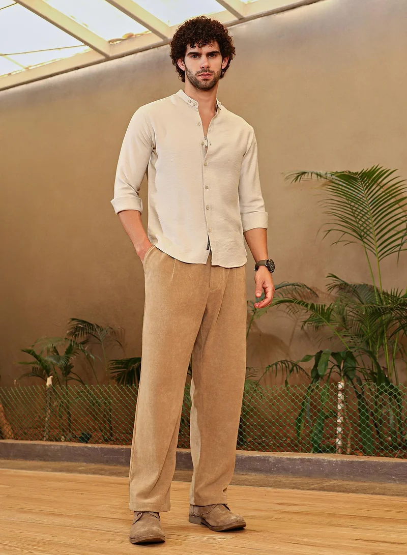 Campus Sutra Campus Sutra Men's Ecru Beige Breezy Mandarin Shirt For Casual Wear | Mandarin Collar | Long Cuffed Sleeves | Button Closure | Shirt Crafted With Comfort Fit For Everyday Wear