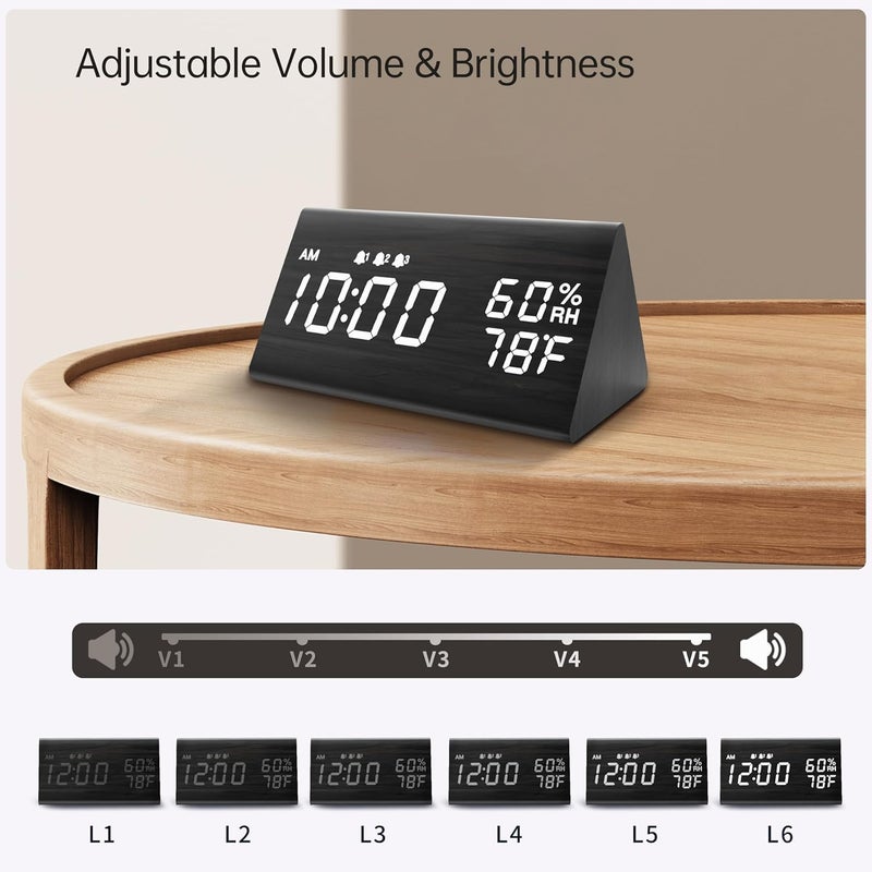 Jall Digital Alarm Clock, with Wooden Electronic LED Time Display, 3 Alarm Settings, Humidity & Temperature Detect, Wood Made Electric Clocks for Bedroom, Bedside, Black - Image 3