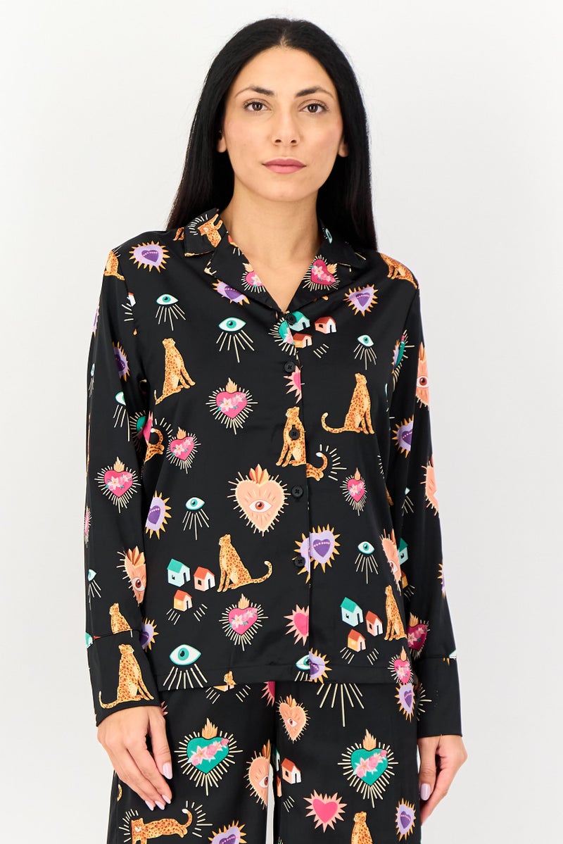 bebe Women 2 Pieces Allover Print Long Sleeves Nightwear Set, Multicolor - Image 3