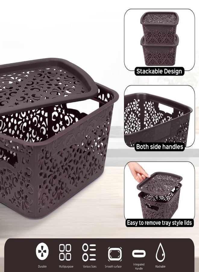 SIMPARTE Turkish Basket Small Durable Plastic Storage Organizer with Lid & Handles for Desk, Kitchen, Bathroom – Ideal for Toys, Makeup, Accessories (Set of 2, Brown) - Image 5