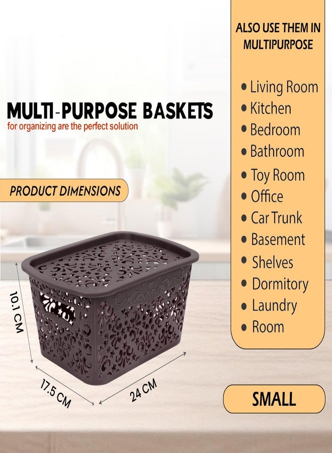 SIMPARTE Turkish Basket Small Durable Plastic Storage Organizer with Lid & Handles for Desk, Kitchen, Bathroom – Ideal for Toys, Makeup, Accessories (Set of 2, Brown) - Image 4