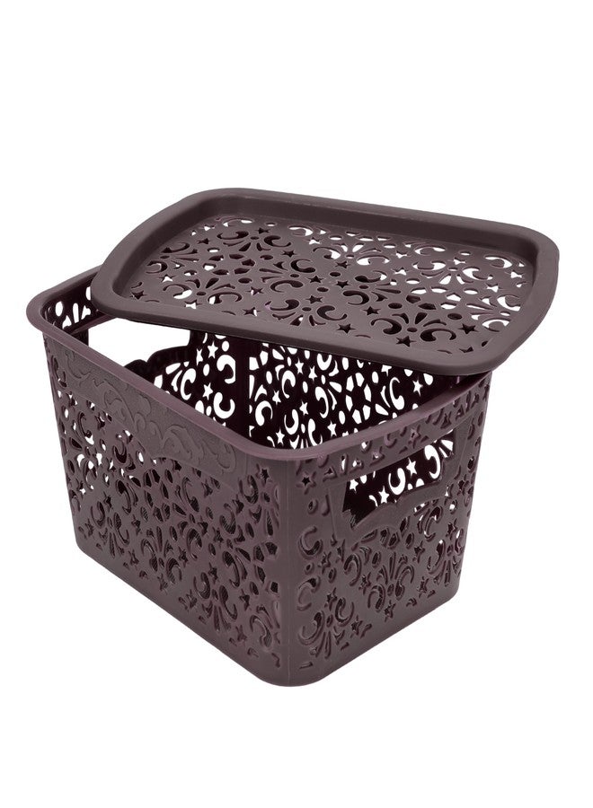 SIMPARTE Turkish Basket Small Durable Plastic Storage Organizer with Lid & Handles for Desk, Kitchen, Bathroom – Ideal for Toys, Makeup, Accessories (Set of 2, Brown) - Image 3