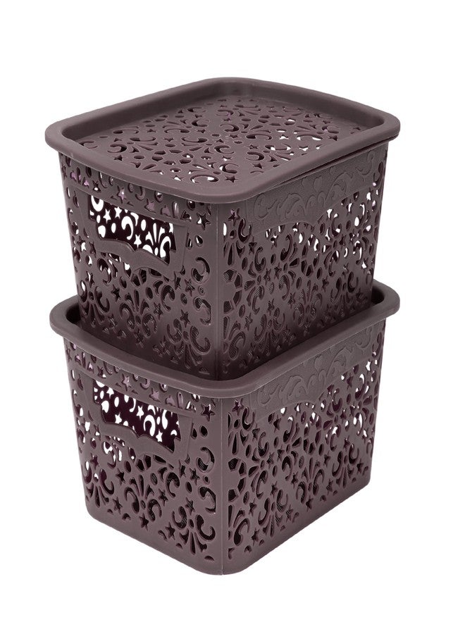SIMPARTE Turkish Basket Small Durable Plastic Storage Organizer with Lid & Handles for Desk, Kitchen, Bathroom – Ideal for Toys, Makeup, Accessories (Set of 2, Brown) - Image 1