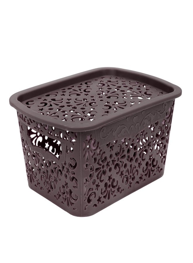 SIMPARTE Turkish Basket Small Durable Plastic Storage Organizer with Lid & Handles for Desk, Kitchen, Bathroom – Ideal for Toys, Makeup, Accessories (Set of 2, Brown) - Image 2