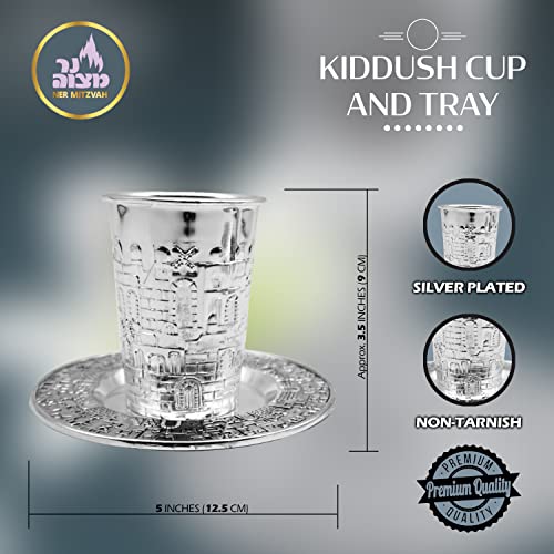 Ner Mitzvah Kiddush Cup and Tray - Premium Quality Nickel Plated Wine Cup- For Shabbat and Havdalah - Judaica Shabbos and Holiday Gift - Jerusalem Design - Image 3