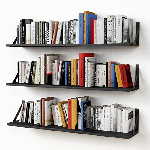 Forbena Floating Shelves 36 Inches Long 8 in Deep Set of 3 Large Wall Shelf for Bedroom Books Heavy Duty Wide Wall Shelving for Closet Organizers and Storage Living Room Library Black